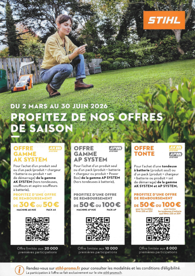 Offre de remboursement de 30 à 100 euros remboursés par STIHL