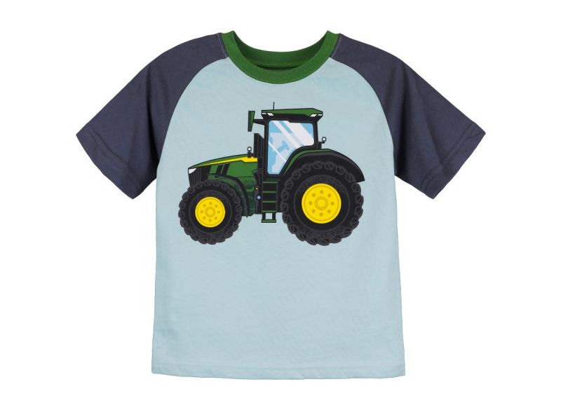 T-shirt bleu clair/bleu foncé pour enfants avec tracteur sur le devant. Composition : 100 % coton.